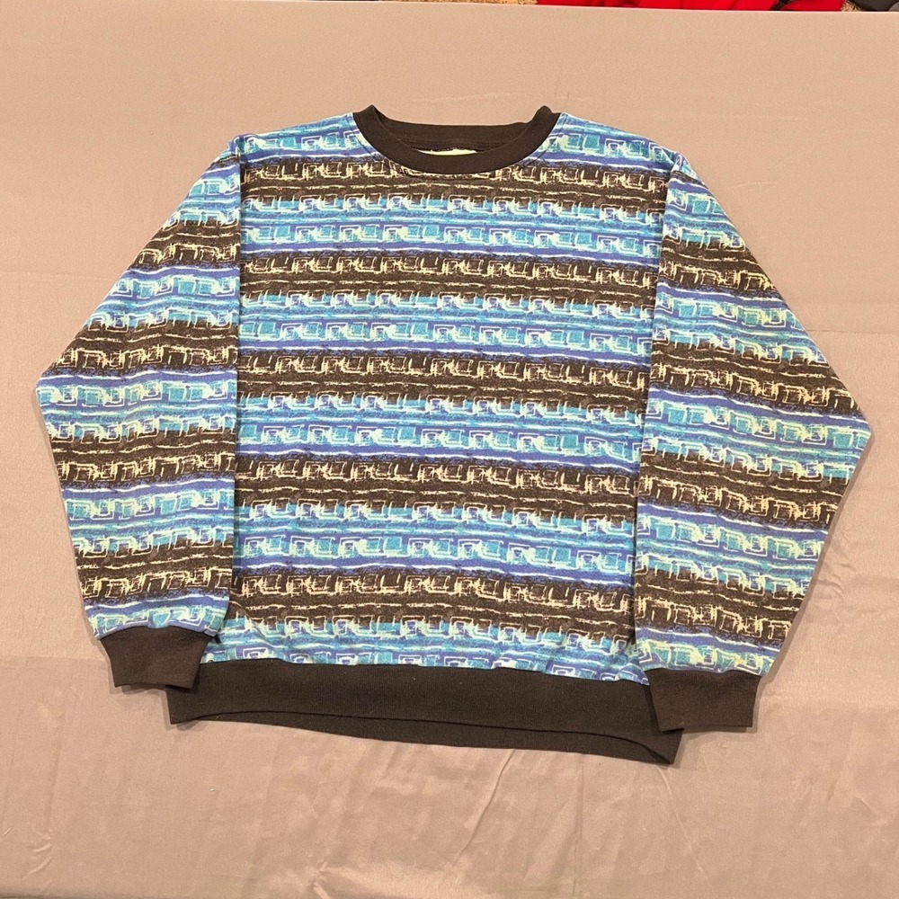 Vintage 90s Abstract Geometric Print Sweatshirt Blue Black Made in USA Medium